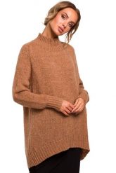 Sweter damski oversize asymetryczny sweter z wełną brązowy. Brązowe swetry nierozpinane damskie Polskie swetry, na zimę, l, bez wzorów, z dzianiny, biznesowe, z asymetrycznym kołnierzem, bez ramiączek. Za 259.00 zł.