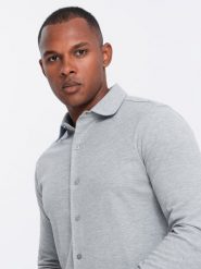 Męska koszula dzianinowa SLIM FIT z długim rękawem – szara V5 OM-SHCS-0177 - XXL. Czarne koszule męskie Ombre Clothing, l, bez wzorów, z bawełny, bez kołnierzyka, bez ramiączek. W wyprzedaży za 109.99 zł.