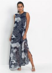 Długa sukienka szyfonowa. Niebieskie sukienki damskie bonprix, na lato, bez wzorów, z szyfonu, eleganckie, bez kołnierzyka, bez ramiączek, maxi. Za 137.99 zł.