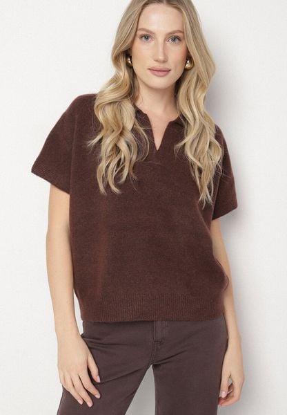 Brązowy Sweter z Wełną z Krótkim Rękawem i Kołnierzykiem Tevalina. Brązowe swetry nierozpinane damskie Born2be, uniwersalny, bez wzorów, z jeansu, eleganckie, bez kołnierzyka, bez ramiączek. Za 129.99 zł.