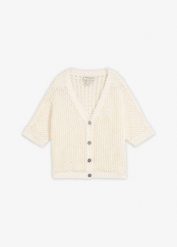 Sweter rozpinany w ażurowy wzór z dodatkiem lnu. Białe kardigany damskie bonprix, w ażurowe wzory, z bawełny, bez kołnierzyka. Za 169.99 zł.