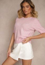 Różowy Sweter z Wełną Krótkim Rękawem Ozdobiony Ściągaczami Emiralin. Czerwone swetry nierozpinane damskie Renee, uniwersalny, bez wzorów, z jeansu, casualowe, bez kołnierzyka, bez ramiączek. Za 99.99 zł.