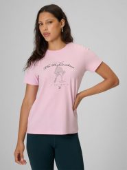 4F T-shirt regular z nadrukiem damski - różowy M. Czerwone t-shirty damskie 4F, m, bez wzorów, z bawełny, klasyczne, bez kołnierzyka, bez ramiączek. Za 59.99 zł.