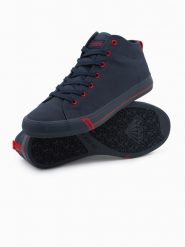 Buty męskie trampki z kontrastującymi elementami - granatowe V3 OM-FOTH-0125 - 44. Niebieskie trampki męskie Ombre Clothing, bez wzorów, z materiału, sportowe, za kostkę, bez zapięcia. Za 179.99 zł.