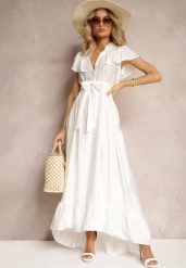 Biała Sukienka z Materiałowym Paskiem i Wiskozą Wykończona Guzikami i Falbanką Hanesi. Białe sukienki damskie Renee, na co dzień, l, bez wzorów, z materiału, eleganckie, bez kołnierzyka, bez ramiączek, maxi. Za 129.99 zł.