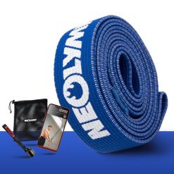 Długie taśmy fitness z tkaniny – poziom oporu 4, taśmy treningowe z torbą. Niebieskie torby sportowe męskie NEOLYMP, bez wzorów, ze skóry. Za 92.99 zł.