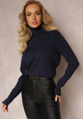 Granatowy Sweter Golf o Dopasowanym Fasonie z Wiskozą Nalexa. Niebieskie swetry nierozpinane damskie Renee, l, bez wzorów, z dzianiny, klasyczne, bez kołnierzyka, bez ramiączek. Za 54.99 zł.