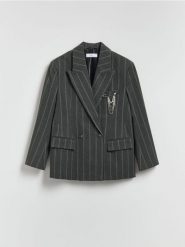 Marynarka z wiskozą - ciemnoszary. Szare marynarki i żakiety damskie Reserved, bez wzorów, z tkaniny, bez kołnierzyka, bez ramiączek. Za 279.99 zł.