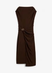 Drapowana sukienka midi z materiału w paski. Brązowe sukienki damskie bonprix, bez wzorów, bez kołnierzyka, bez ramiączek, midi. Za 139.99 zł.