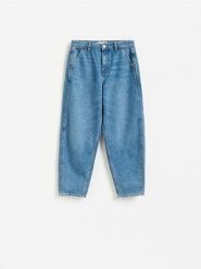 Jeansy barrel slim - niebieski. Niebieskie jeansy damskie Reserved, bez wzorów, z bawełny. Za 129.99 zł.