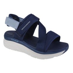 Sandały damskie, Skechers D'Lux Walker Kind Mind. Niebieskie sandały damskie Skechers, bez wzorów, bez obcasa, bez zapięcia. Za 299.99 zł.