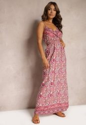 Różowa Sukienka w Stylu Boho na Ramiączkach z Gumką w Talii Felorea. Czerwone sukienki damskie Renee, na lato, m, bez wzorów, z materiału, boho, bez kołnierzyka, bez ramiączek, maxi. Za 49.99 zł.