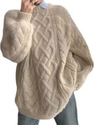 Sweter Damski Pleciony Oversize Beżowy. Brązowe swetry nierozpinane damskie Pan i Pani Gadżet, bez wzorów, bez kołnierzyka, bez ramiączek. Za 74.89 zł.