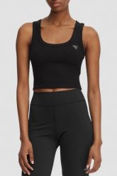 GUESS Czarny krótki damski tank top Silvy Rib, Rozmiar L. Czarne topy damskie Guess, l, z aplikacjami, z materiału, eleganckie, bez kołnierzyka, bez ramiączek. W wyprzedaży za 99.99 zł.