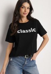 Czarny T-shirt z Bawełny z Aplikacją z Cyrkoniami Deraine. Czarne t-shirty damskie Born2be, l, z aplikacjami, z bawełny, eleganckie, bez kołnierzyka, bez ramiączek. Za 34.99 zł.