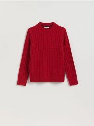 Sweter z warkoczowym splotem - czerwony. Czerwone swetry męskie Reserved, l, bez wzorów, z bawełny, bez kołnierzyka, bez ramiączek. Za 139.99 zł.