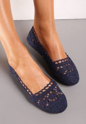 Granatowe Ażurowe Balerinki z Koronką Ziel. Niebieskie balerinki damskie Born2be, na lato, w ażurowe wzory, z koronki, bez obcasa, bez zapięcia. Za 44.99 zł.