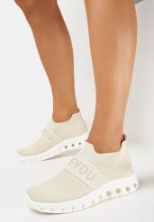 Beżowe Buty Sportowe ze Skarpetkową Cholewką i Napisem Thirllas. Brązowe obuwie sportowe damskie Born2be, bez wzorów, bez zapięcia. Za 54.99 zł.