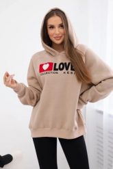 Bluza bawełniana ocieplana z kapturem Love ciemno beżowa. Brązowe bluzy damskie KESI, l, bez wzorów, z bawełny, bez ramiączek, z kapturem. Za 271.84 zł.
