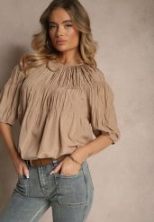 Jasnobrązowa Bluzka z Wiskozą o Fasonie Oversize z Gumkami w Ramionach Alirona. Brązowe bluzki damskie Renee, bez wzorów, z wiskozy, eleganckie, bez kołnierzyka, bez ramiączek. Za 44.99 zł.