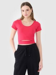 4F T-shirt crop top gładki damski - różowy XL. Czerwone t-shirty damskie 4F, xl, bez wzorów, z bawełny, sportowe, bez kołnierzyka, bez ramiączek. W wyprzedaży za 19.99 zł.