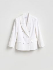 Dwurzędowa marynarka - złamana biel. Marynarki i żakiety damskie Reserved, bez wzorów, z tkaniny, bez kołnierzyka, bez ramiączek. Za 229.99 zł.