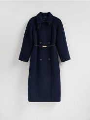 Płaszcz z wełną Bellandi - granatowy. Niebieskie płaszcze damskie Reserved, l, bez wzorów, z tkaniny, bez kołnierzyka, bez kaptura. Za 699.99 zł.