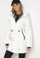 Biała Kurtka Parka Zapinana na Napy Ściągana w Pasie Troczkami Arstilla. Białe kurtki damskie Born2be, l, bez wzorów, z dzianiny, bez kaptura. Za 309.99 zł.