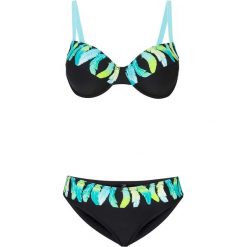 Bikini na fiszbinach (2 części) bonprix czarno-turkusowy. Czarne bikini bonprix, z aplikacjami. Za 89.99 zł.