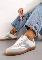Biało-Srebrne Sneakersy Tenisówki z Klasycznym Sznurowaniem Norio. Białe trampki i tenisówki damskie Renee, bez wzorów, z jeansu, bez zapięcia. Za 69.99 zł.