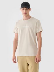 4F T-shirt regular z nadrukiem męski - beżowy S. Brązowe t-shirty męskie 4F, m, bez wzorów, z bawełny, bez kołnierzyka, bez ramiączek. W wyprzedaży za 39.99 zł.