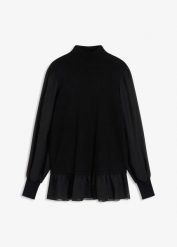 Sweter z cienkiej dzianiny z koszulowymi wstawkami. Czarne swetry nierozpinane damskie bonprix, bez wzorów, z dzianiny, bez kołnierzyka, bez ramiączek. Za 107.99 zł.