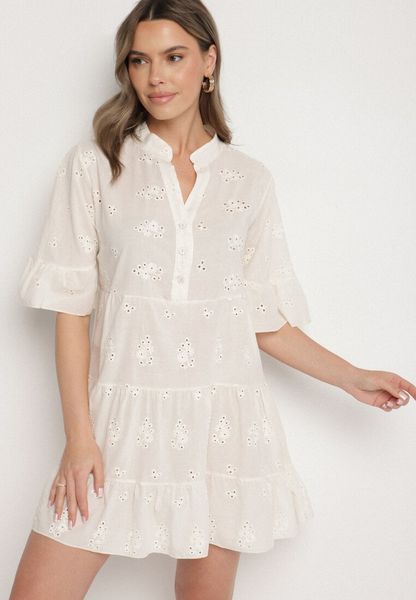 Jasnobeżowa Bawełniana Sukienka z Haftowanej Tkaniny o Koszulowym Kroju z Falbanami Filidwena. Brązowe sukienki damskie Born2be, na co dzień, na lato, l, z aplikacjami, z bawełny, boho, bez kołnierzyka, bez ramiączek, koszulowe. Za 69.99 zł.