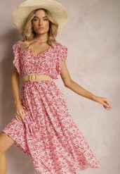 Czerwona Bawełniana Sukienka na Lato z Elastyczną Gumką w Pasie i Falbankami Przy Ramionach Jovenia. Czerwone sukienki damskie Renee, na imprezę, na lato, l, bez wzorów, z bawełny, bez kołnierzyka, bez ramiączek, midi. Za 39.99 zł.