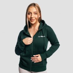 Bluza damska fitness z kapturem i zamkiem Zipper Pine. Zielone bluzy damskie GYMBEAM, s, bez wzorów, z bawełny, klasyczne, bez ramiączek, z kapturem. Za 109.90 zł.