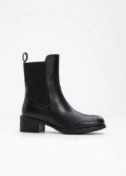 Botki ze skóry. Czarne botki damskie bonprix, bez wzorów, ze skóry, bez obcasa, bez zapięcia. Za 249.99 zł.