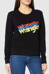 DAMSKA BLUZA MATERIAŁOWA WRANGLER CREW SWEAT BLACK W6Z2HA100 112130860. Czarne bluzy damskie Wrangler, s, bez wzorów, z materiału, bez ramiączek, bez kaptura. Za 149.99 zł.