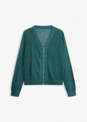 Kardigan ażurowy z lekkim połyskiem. Niebieskie kardigany damskie bonprix, w ażurowe wzory, eleganckie, bez kołnierzyka. Za 209.99 zł.