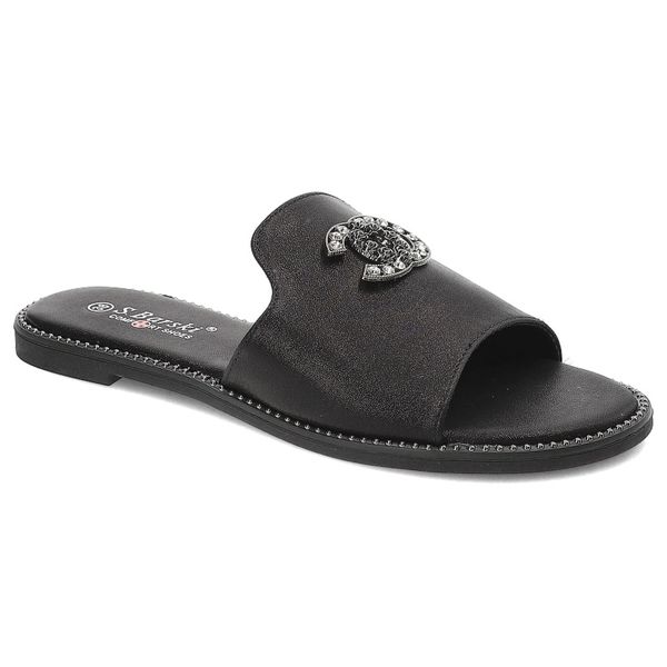 Czarne Klapki S.Barski Stylowe Obuwie Damskie. Czarne klapki damskie S.BARSKI, na lato, z aplikacjami, eleganckie, bez obcasa, na płaskiej podeszwie, bez zapięcia. Za 99.99 zł.