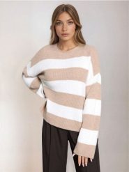 Sweter w paski - beżowy. Brązowe swetry nierozpinane damskie Sinsay, l, bez wzorów, bez kołnierzyka, bez ramiączek. Za 69.99 zł.