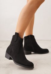 Czarne Ażurowe Botki na Słupku Typu Kowbojki Iolerine. Czarne botki damskie Renee, w ażurowe wzory, z jeansu, bez obcasa, na płaskiej podeszwie, bez zapięcia. Za 129.99 zł.