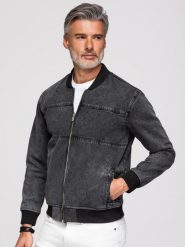 Męska jeansowa kurtka bomberka z efektem stone wash – czarna V2 - Rozmiar: M. Czarne kurtki męskie Ombre Clothing, m, bez wzorów, z bawełny, klasyczne, bez kaptura. W wyprzedaży za 209.99 zł.