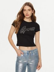 Guess T-Shirt W5RI68 KA0H1 Czarny Regular Fit. Czarne t-shirty damskie Guess, xxl, z aplikacjami, z bawełny, bez kołnierzyka, bez ramiączek. Za 119.99 zł.