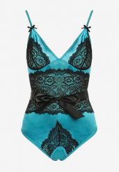 Niebiesko-Czarne Body Zdobione Koronką ze Stringami i Satynową Wstążką Luneie. Niebieskie body Born2be, z aplikacjami, z koronki. Za 39.99 zł.