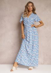 Niebieska Rozkloszowana Sukienka z Wiskozy i Modnym Nadrukiem Vildei. Niebieskie sukienki damskie Renee, l, bez wzorów, z wiskozy, bez kołnierzyka, bez ramiączek, maxi, kopertowe. Za 49.99 zł.