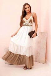 Sukienka damska boho maxi na ramiączkach z ażurową górą beżowy + camelowy. Brązowe sukienki damskie Kesi Włoski, na plażę, na lato, l, w ażurowe wzory, z bawełny, boho, bez kołnierzyka, bez ramiączek, maxi, rozkloszowane. Za 217.48 zł.