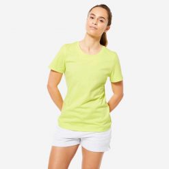 Koszulka z krótkim rękawem damska Domyos Gym & Pilates 500 Essentials. Szare bluzki damskie DOMYOS, xs, bez wzorów, z bawełny, sportowe, bez kołnierzyka, bez ramiączek. Za 39.99 zł.
