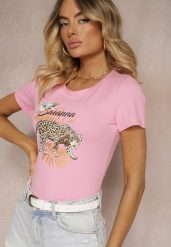 Różowy Bawełniany T-shirt ze Zwierzęcym Nadrukiem Zeliflea. Czerwone t-shirty damskie Renee, l, bez wzorów, z bawełny, eleganckie, bez kołnierzyka, bez ramiączek. Za 29.99 zł.