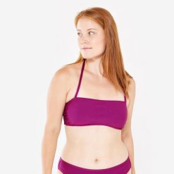 Góra kostiumu kąpielowego surfingowego damska Olaian Laura teksturowana. Fioletowe bikini OLAIAN, bez wzorów, z elastanu. W wyprzedaży za 29.99 zł.