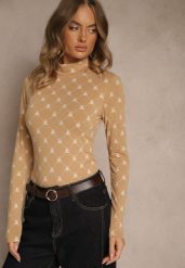 Beżowa Bluzka Longsleeve Półgolf z Bawełny Ozdobiona Geometrycznym Nadrukiem Zantila. Brązowe bluzki damskie Renee, l, bez wzorów, z bawełny, eleganckie, bez kołnierzyka, bez ramiączek. Za 49.99 zł.